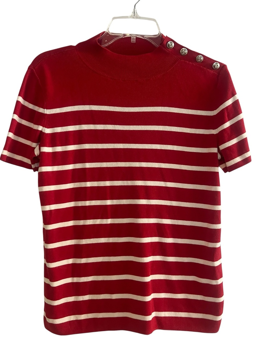 Talbots Red and White Striped Mock Neck Knit Top